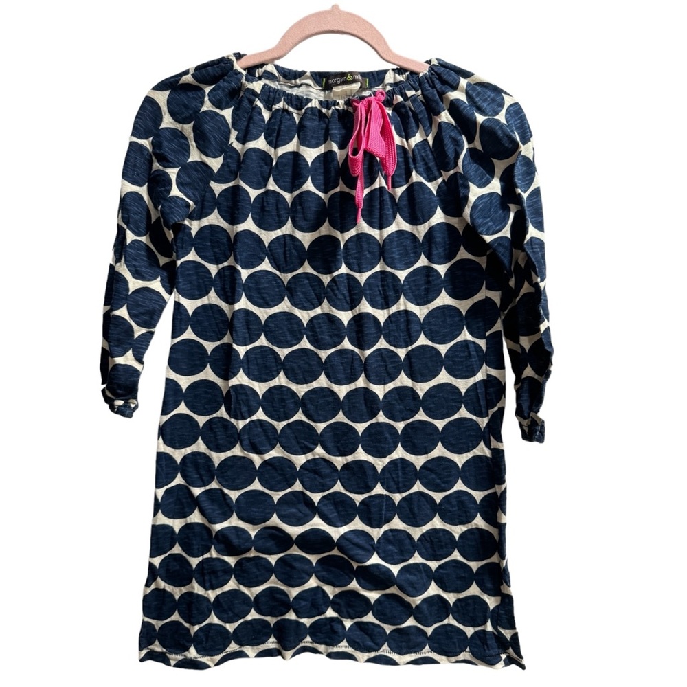Morgan‎ & Milo Blue and White Polka Dot Dress, Pink Bow, size 12